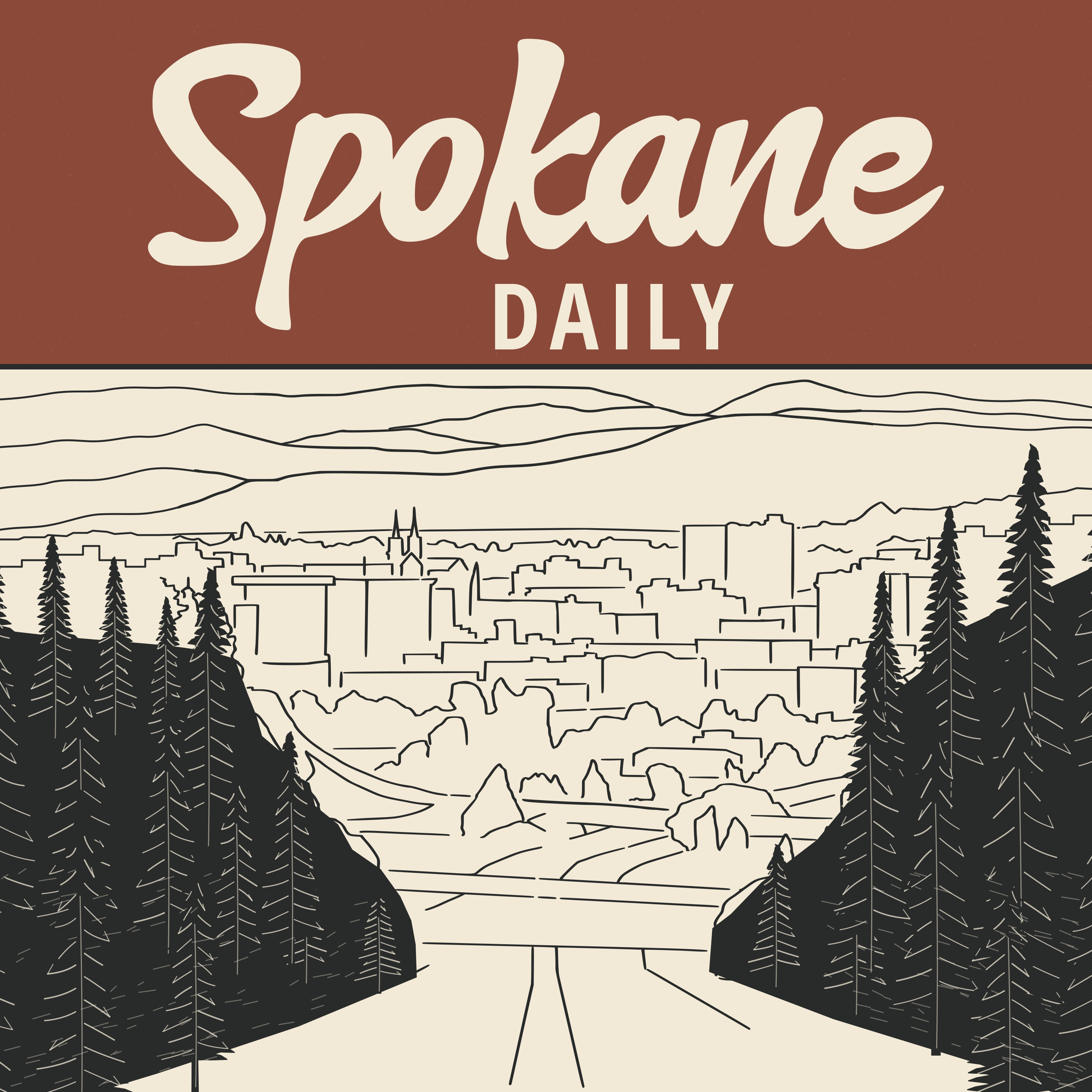 Illustrated view of Spokane framed by evergreen trees